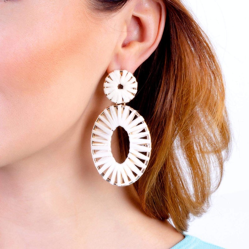 BaubleStar Kiera Raffia Tassel Fringe Rattan Hoop Drop Statement Earrings Hot Pink Tiered Thread Handmade Round Oval Cirle Dangle Fashion Jewelry for Women - Image 2